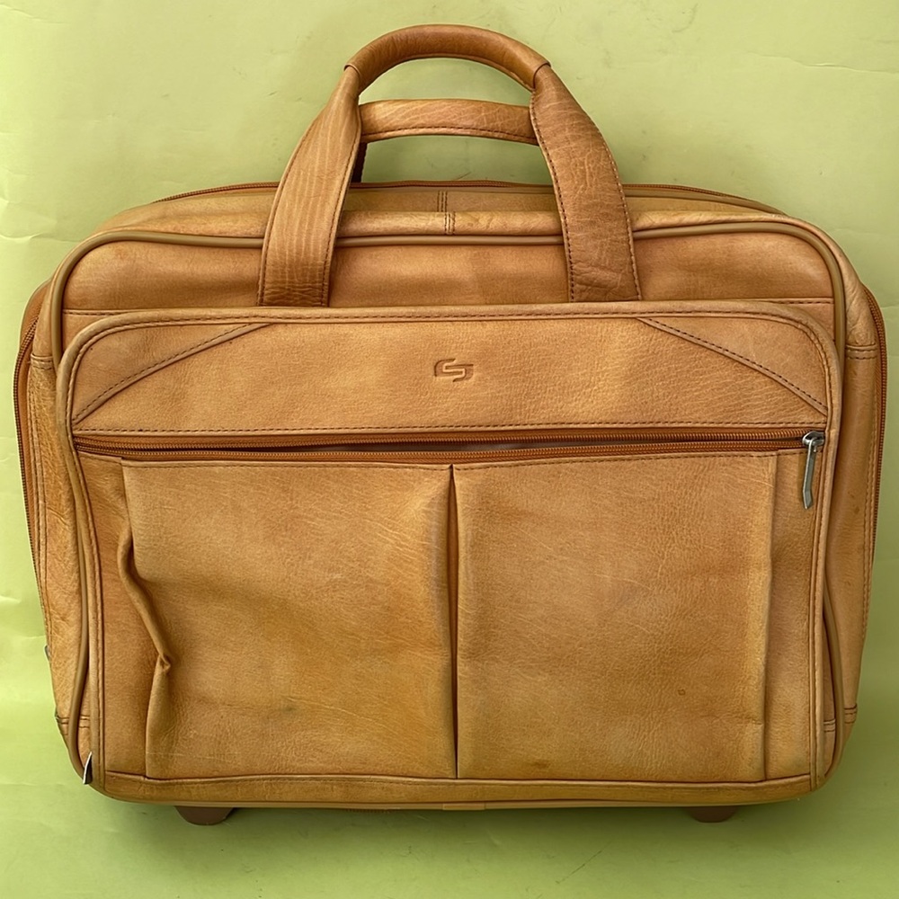 Vintage camel color Solo large leather convertible laptop bag